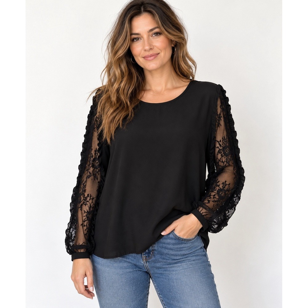 Who What Wear Semi Sheer Chiffon Lace Sleeve Blouse Size XL Romantic Feminine